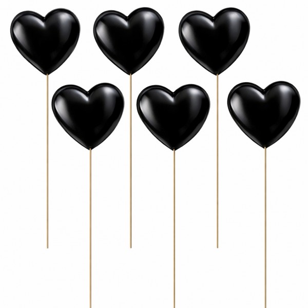 Serce Plastikowe Na Piku Czarne Błysk 6 szt